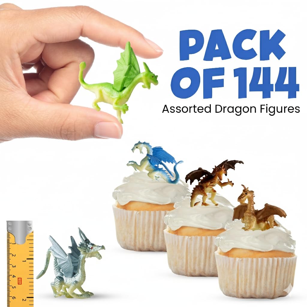 Bedwina Mini Dragon Toy Figures - (Bulk Pack 144) 2 Inch Plastic Rubbery Dragon Figurines in Assorted Colors and Styles - Kids Toys for Birthday Party Favors, Decorations, Cupcake Toppers and Piñatas