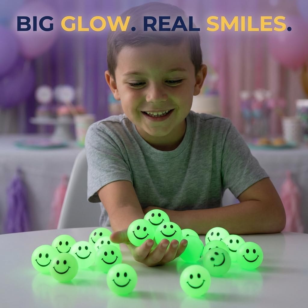 Bedwina 144 Pcs Bulk Bouncy Balls Glow in The Dark - (1inch / 27mm) Diameter, High Bouncing, Small Rubber Smile Face Bouncing Balls for Kids, Vending Machines, Valentine's Day Goodie Bag, Party Favor