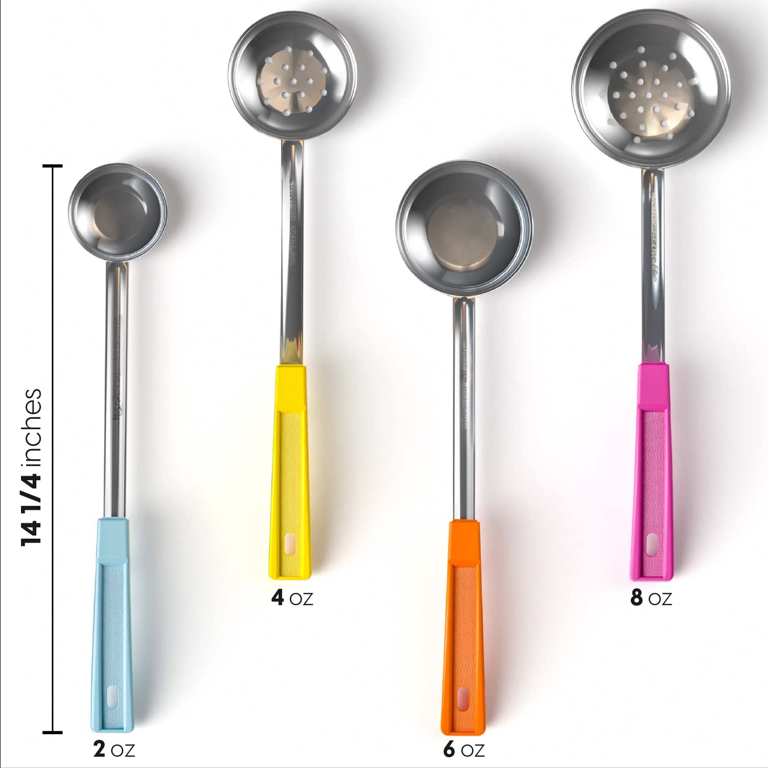 Portion Control Serving Spoons - (8 Piece Set) Restaurant Measuring Serving Ladle Utensils for Weight Loss, Bariatric Gastric Sleeve, Includes 2, 4, 6, 8 oz Solid & Perforated Scoops, 14-1/4" Long