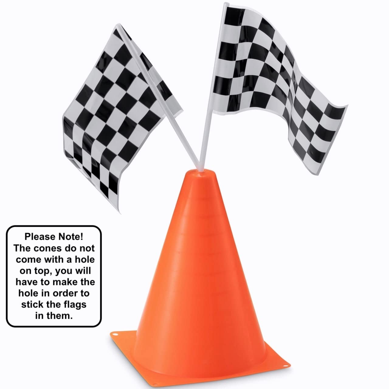 Bedwina Traffic Cones and Racing Checkered Flags - (24 Pcs) 12 - Black & White Flags on Sticks & 12-8-Inch Mini Orange Sports Safety Cones for Kids - Race Car Theme Birthday Centerpiece Party Decor