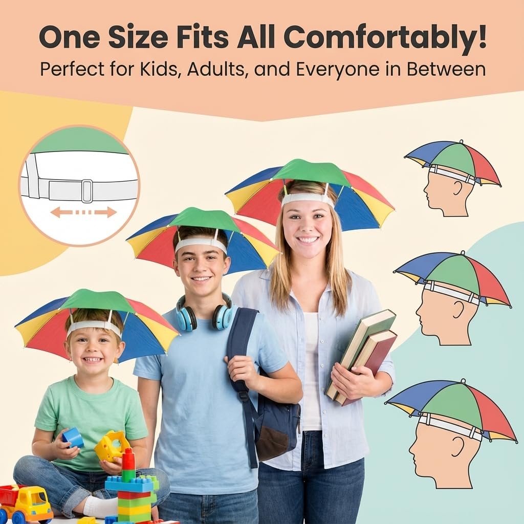 Bedwina Umbrella Hat Pack of 2 - Colorful Party Hats - 20 Inch, Hands Free, Funny Rainbow Colorful Beach Party Hats, Adjustable Size Fits All Ages, Kids, Men & Women