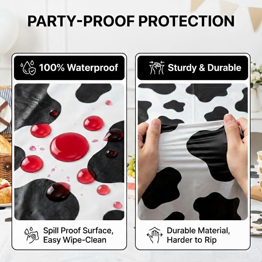 Bedwina Cow Print Tablecloth (Pack of 6) 54 X 72 Inch Tablecloths for Cow Themed Party Decorations, and Birthday Party Decorations, Picnic Table Covers, (Black and White)