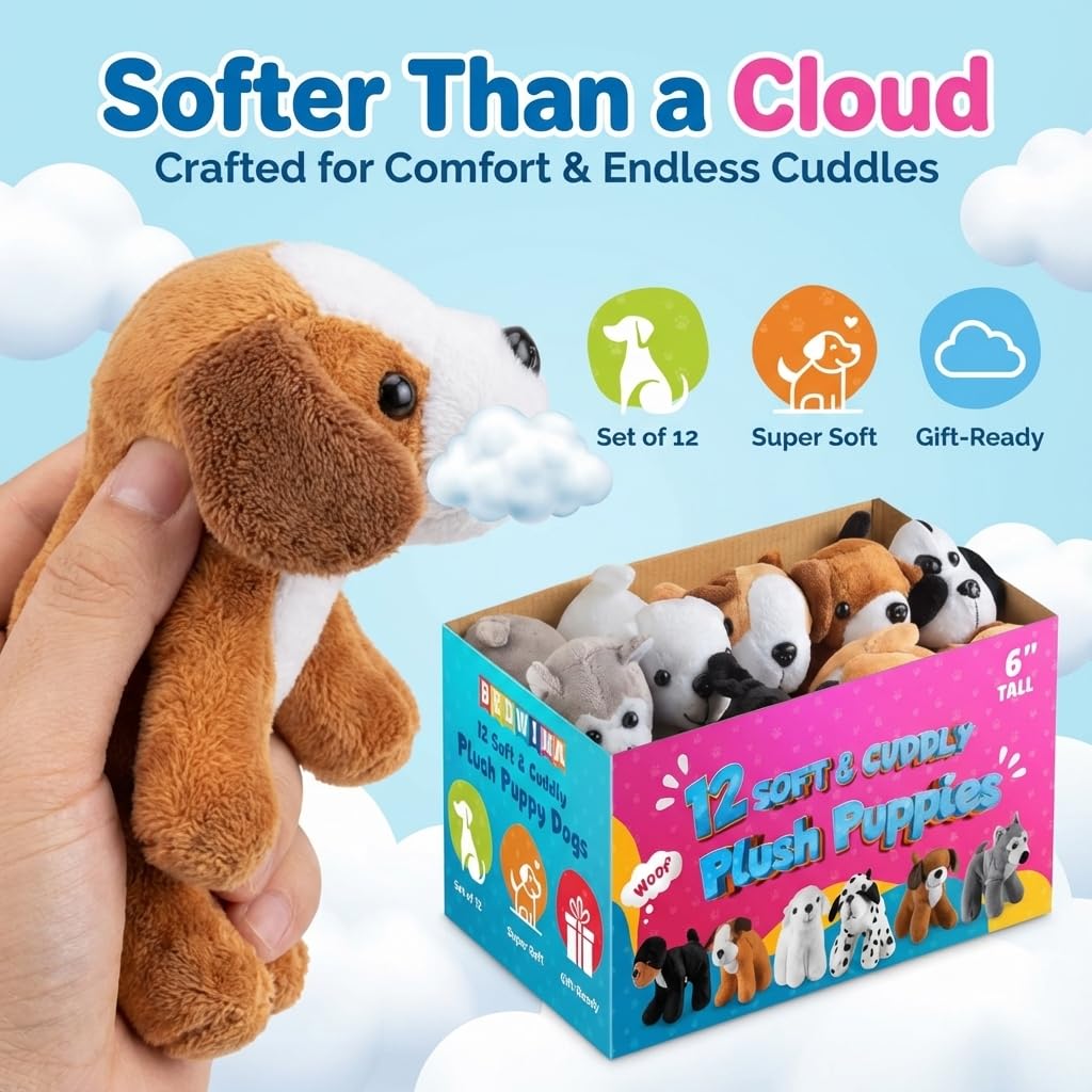 Bedwina Plush Puppy Dogs - (Pack of 12) 6 Inches Tall Small Stuffed Animals Bulk Assorted Puppies and Cute Stuffed Plushed Adopt-a-Puppy Dog Assortment Party Favors for Kids