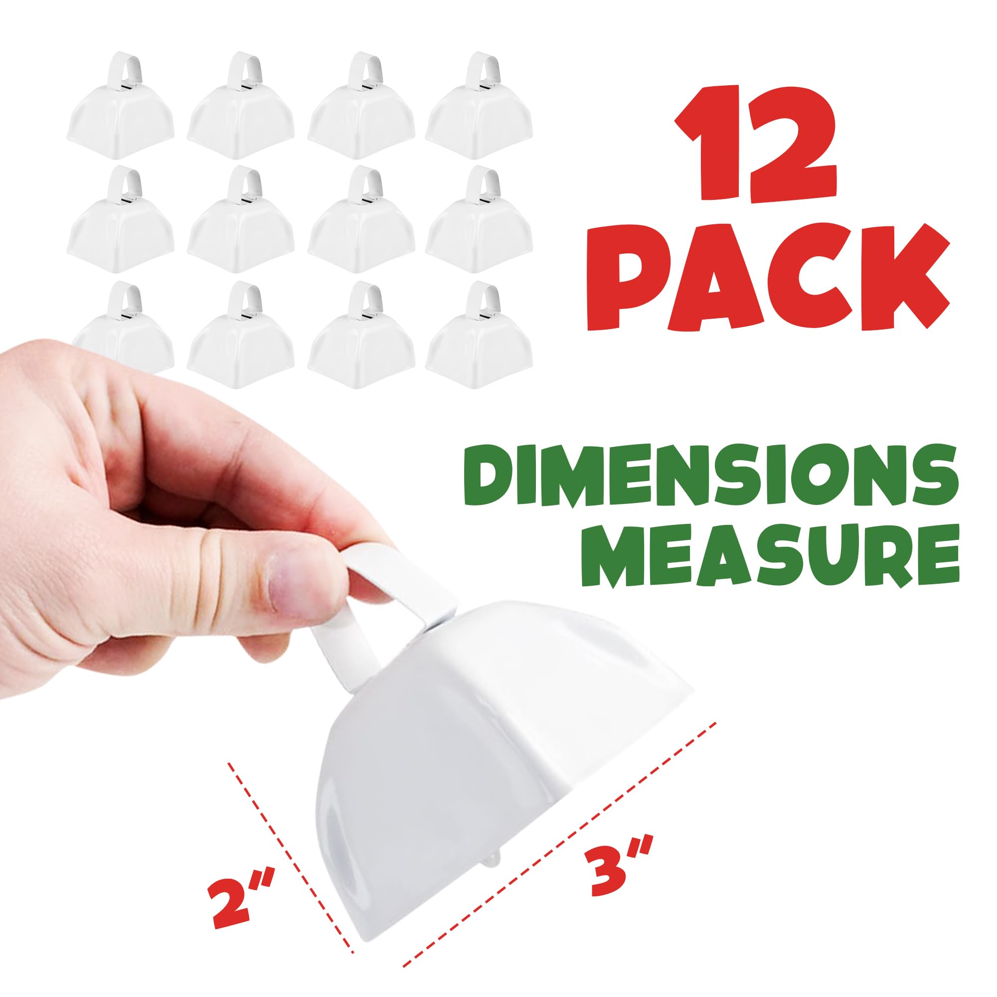 Metal Cowbells - 3 Inch Cow Bells Noise Makers, Loud Call Bell with Handles for Sporting Events, Cheering, Team Spirit, Noisemakers, Weddings, (Pack of 12)