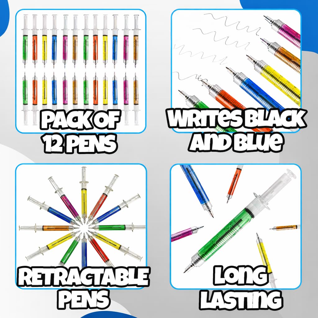 Bedwina Syringe Pens - (Bulk Pack of 12) Retractable Fun Multi Color Novelty Pen for Nurses, Nursing Student School Supplies, Birthdays, Stocking Stuffers and Toy Party Favor Gifts