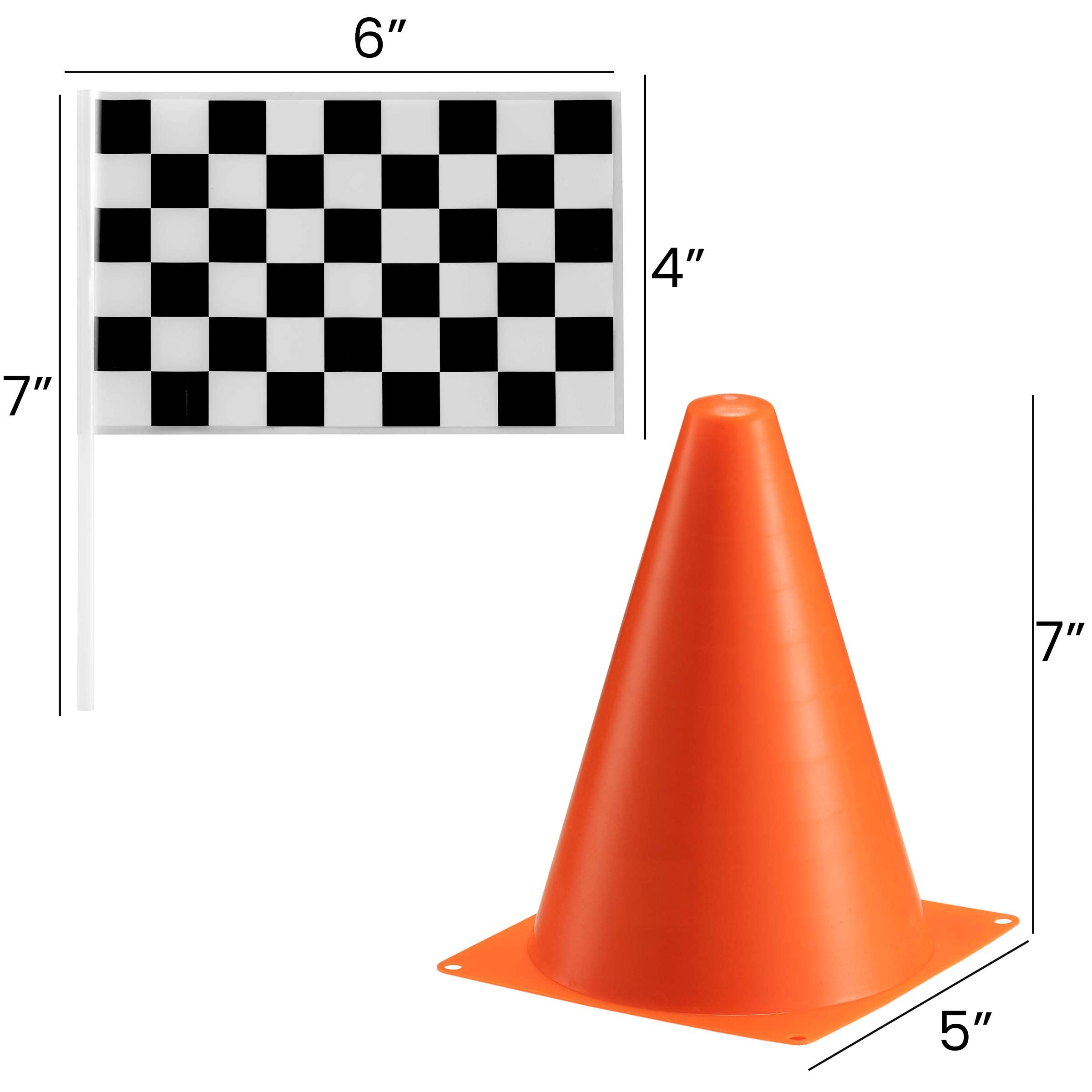 Bedwina Traffic Cones and Racing Checkered Flags - (24 Pcs) 12 - Black & White Flags on Sticks & 12-8-Inch Mini Orange Sports Safety Cones for Kids - Race Car Theme Birthday Centerpiece Party Decor