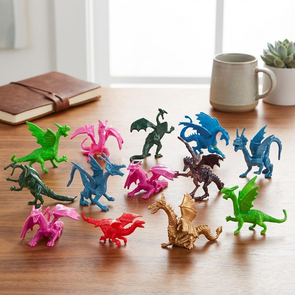 Bedwina Mini Dragon Toy Figures - (Pack of 36) 2 Inch Plastic Rubbery Dragon Figurines in Assorted Colors and Styles - Kids Toys for Birthday Party Favors, Decorations, Cupcake Toppers and Piñatas