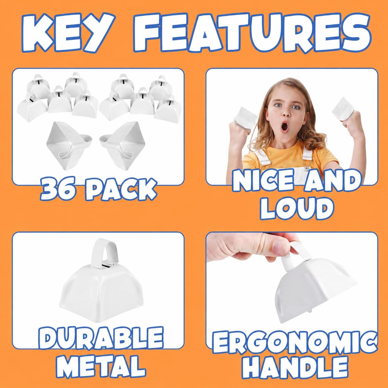 3 Inch White Metal Cowbells (36-Pack) Loud Cheering Noise Makers