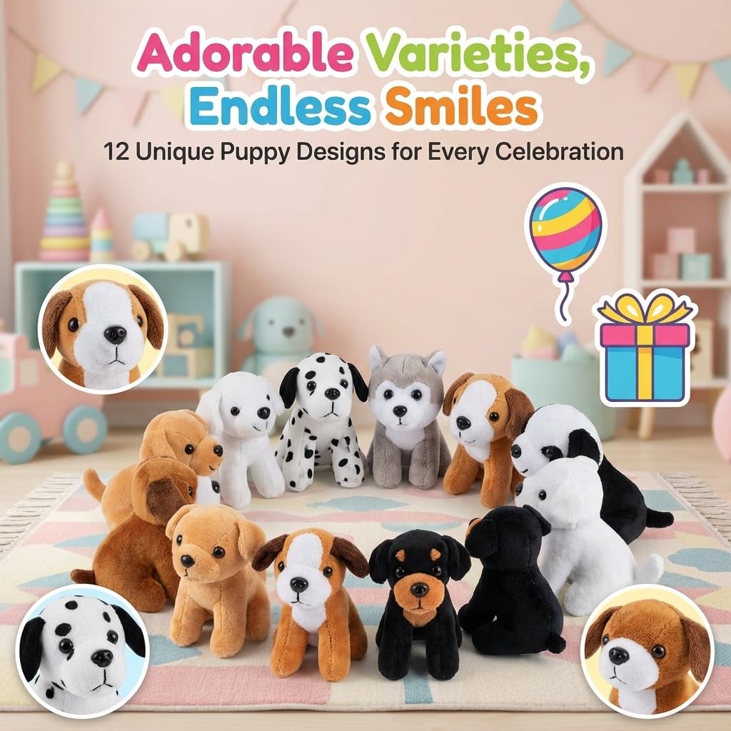Bedwina Plush Puppy Dogs - (Pack of 36) 6 Inches Tall Stuffed Animals Bulk Assorted Puppies and Cute Stuffed Plushed Dog Puppies Assortment, Stocking Stuffers