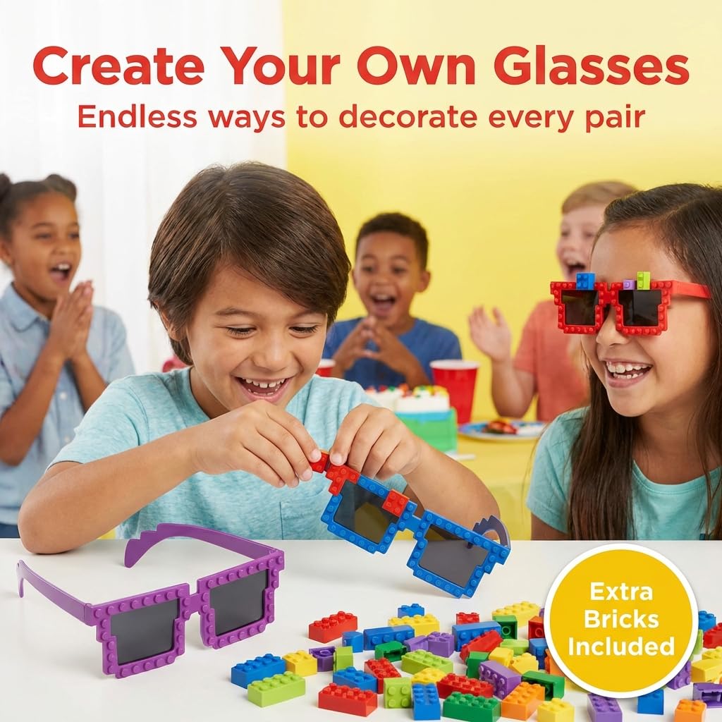 Bedwina Building Blocks Glasses - Pack of 6 - Block Mania Building Block Glasses with Extra Bricks for Carnival Supplies, Stocking Stuffers and Birthday Party Favors for Kids