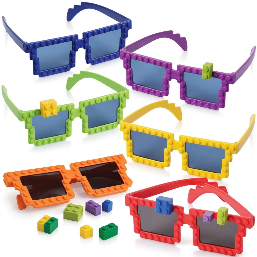 Bedwina Building Blocks Glasses - Pack of 6 - Block Mania Building Block Glasses with Extra Bricks for Carnival Supplies, Stocking Stuffers and Birthday Party Favors for Kids