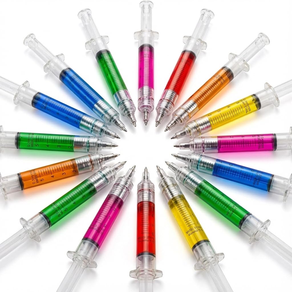 Bedwina Syringe Pens - (Bulk Pack of 12) Retractable Fun Multi Color Novelty Pen for Nurses, Nursing Student School Supplies, Birthdays, Stocking Stuffers and Toy Party Favor Gifts