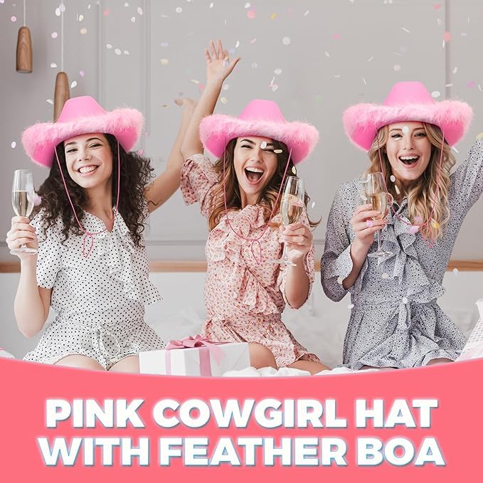 Pink Cowgirl Hat w/Feather Boa - Cowboy Hat for Women, Teenage Girls w/Fluffy Feather Brim for Bachelorette