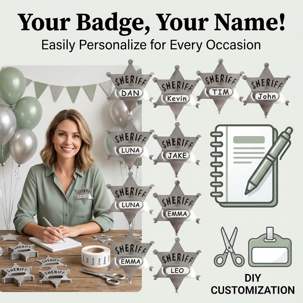 Bedwina Metal Sheriff Badges - (Pack of 24) Silver Star Name Badges with Stickers for Personalized Names, Western Cowboy Dress Up Deputy's Badge Toys for Kids Birthday Party Favors, Giveaways & More