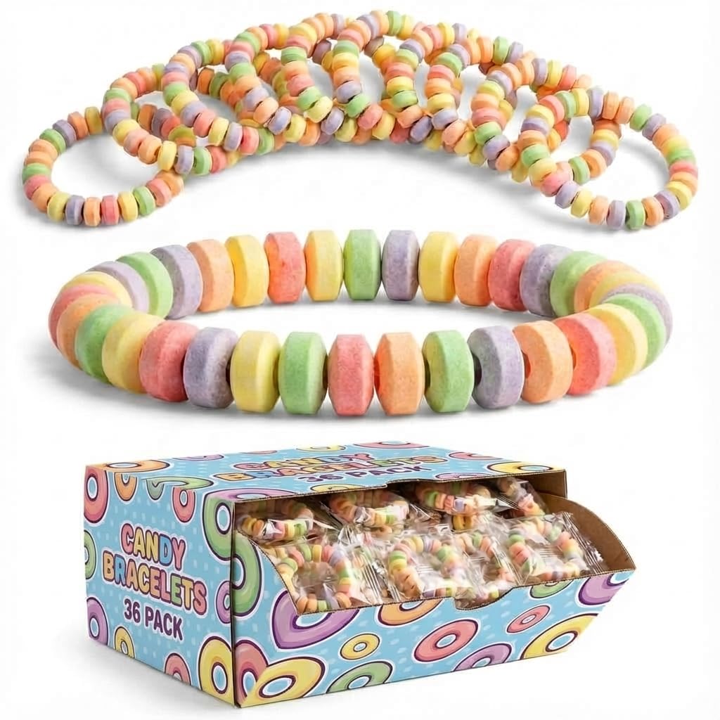 36-Pack Candy Bracelets for Kids 2.5 Inch - Individually Wrapped Bulk Novelty Candy - Stretchable Edible Fruit Flavor Rainbow Bracelets for Birthday Party Favors, Valentine's Day Treats & Goodie Bags