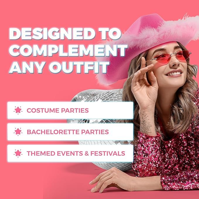 Pink Cowgirl Hat w/Feather Boa - Cowboy Hat for Women, Teenage Girls w/Fluffy Feather Brim for Bachelorette
