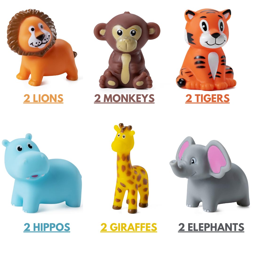 Mini Zoo Animals Bath Toys - (Pack of 12) Vinyl Rubber Jungle Safari Animal Figures, Squeezable Bath Tub Toys for Kids, Baby Shower, Birthday Party Supplies, Favors, Cake Decor, Table Decorations