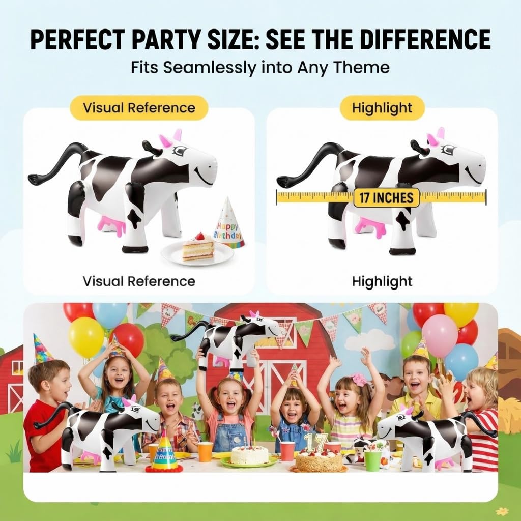 Bedwina Inflatable Cow Toys Set of 3, Cute Cartoon Inflatable Farm Animals Party Decorations, Blow Up Cow Yard Game Props for Kids Birthday and Barnyard Themed Events