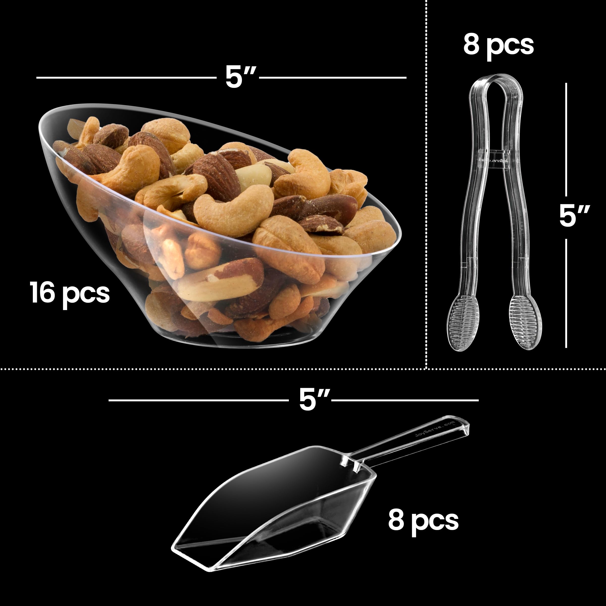 6 oz Clear Plastic Dessert Bowls (16 Pcs) with (8) Scoops and (8) Tongs, Angled Hard Disposable Ice Cream Bar Cups and Candy Buffet Containers Set for Serving Food, Appetizers, Buffets, Party Supplies
