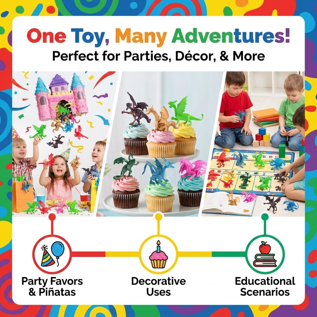 Bedwina Mini Dragon Toy Figures - (Bulk Pack 144) 2 Inch Plastic Rubbery Dragon Figurines in Assorted Colors and Styles - Kids Toys for Birthday Party Favors, Decorations, Cupcake Toppers and Piñatas