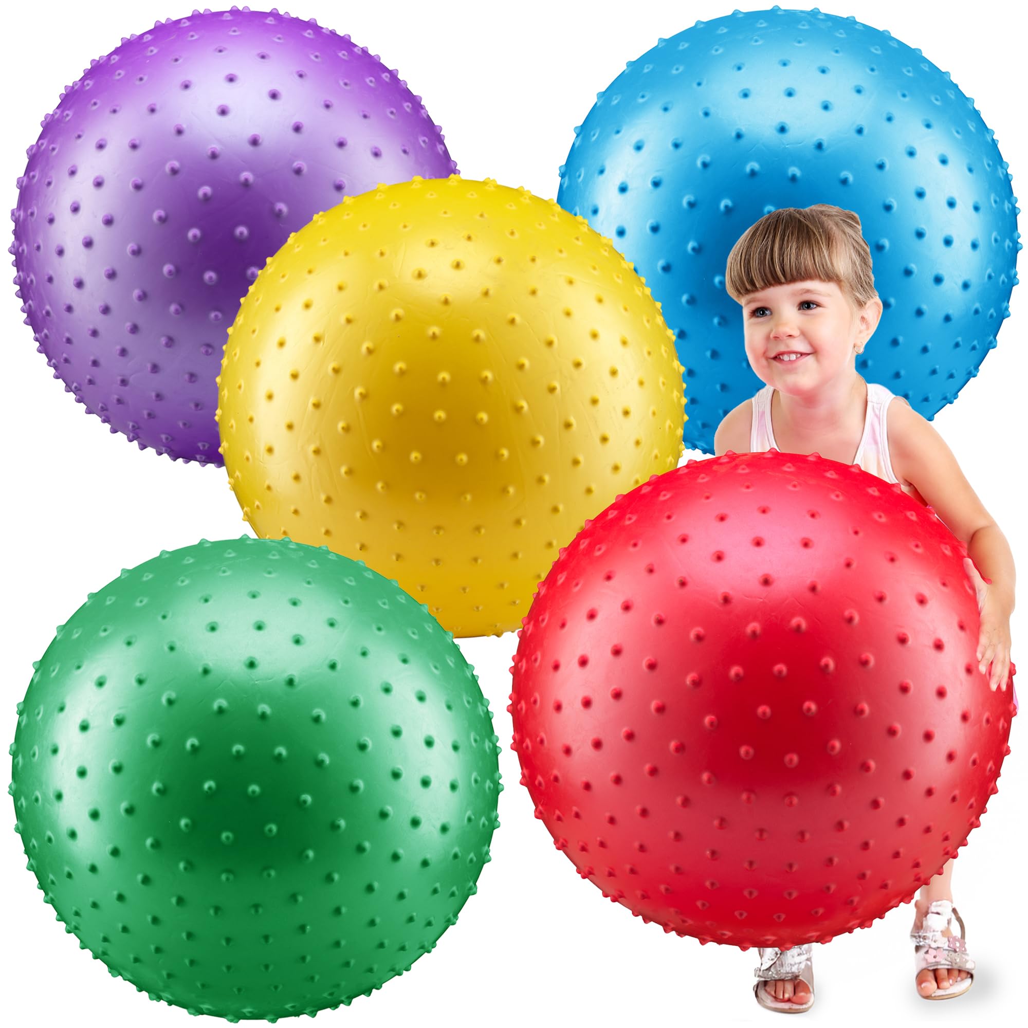 18-Inch Big Balls for Toddlers and Kids - Pack of 5 Inflatable Giant Balls for Kids with Hand Air Pump, Big Bouncy, Sensory Play, Stress Toy, Knobby, Large Playground, Recess, Games for Children