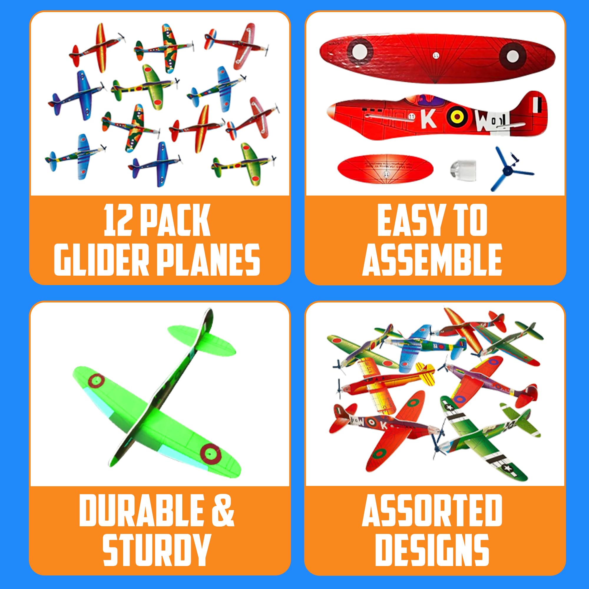 Bedwina Glider Planes Bulk 12-Pack 8-Inch Bomber Airplane Gliders for Kids, Foam Paper Airplane Kit For Birthday, Goodie Bag Stuffers Party Favors For Kids Great Paper Airplanes For Outdoor Flying Toy