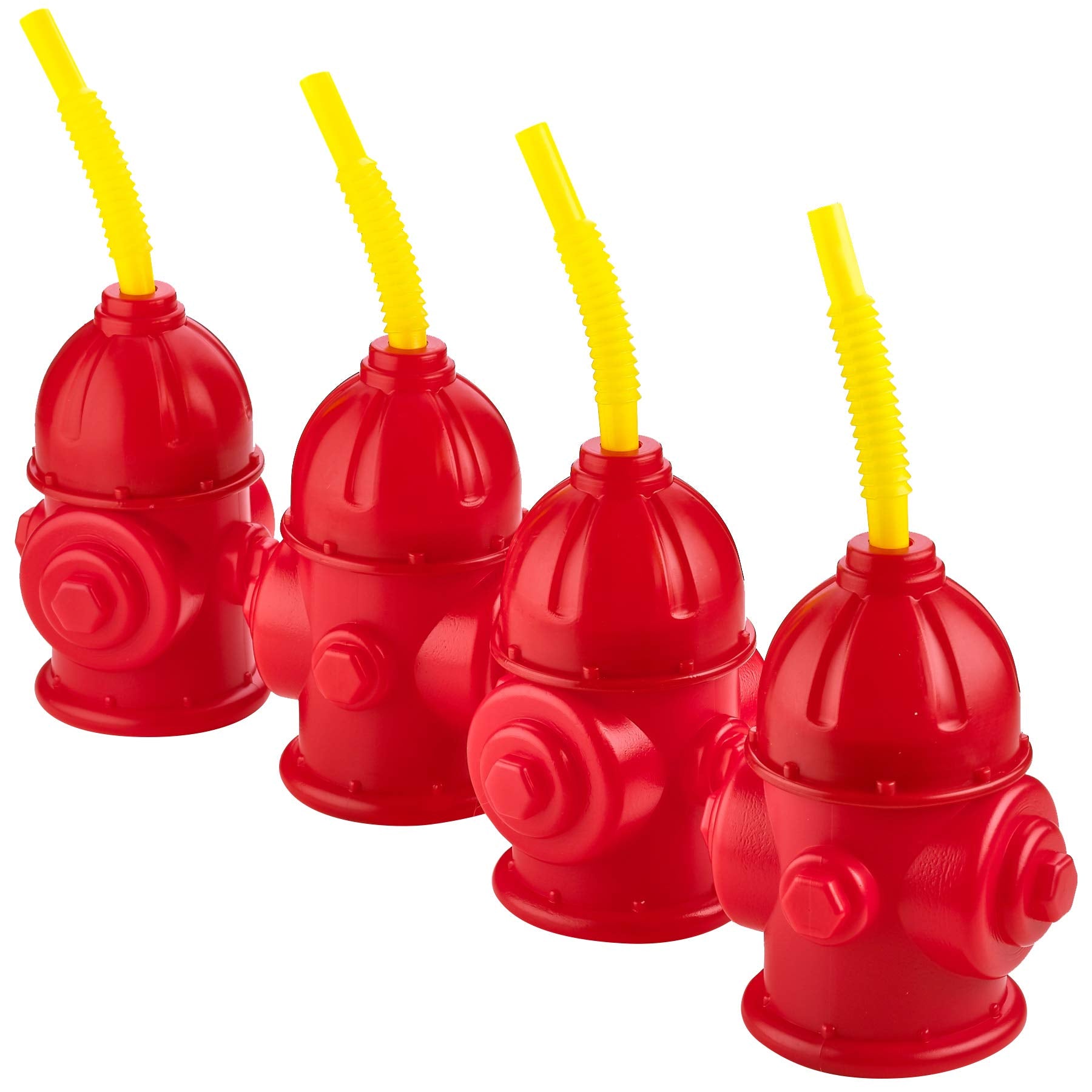 Bedwina Straw Fire Hydrant Cups with Lids - (Pack of 4) Reusable 12 oz, Red Plastic Fire Truck Party Supplies Cups and Firefighter Birthday Party Favors for Kids
