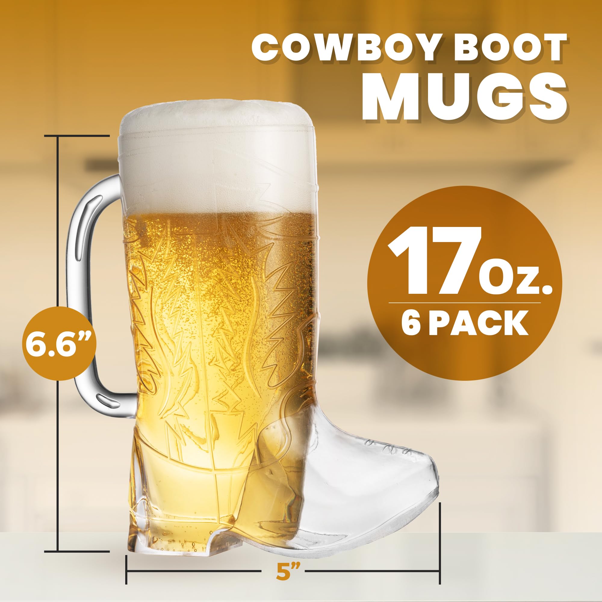 JoyServe Cowboy Boot Cups - 17oz Cowboy and Cowgirl Drink Mugs, Reusable BPA-Free Plastic Mug with Handle for Western Themed Rodeo Birthday Party Decorations and Supplies
