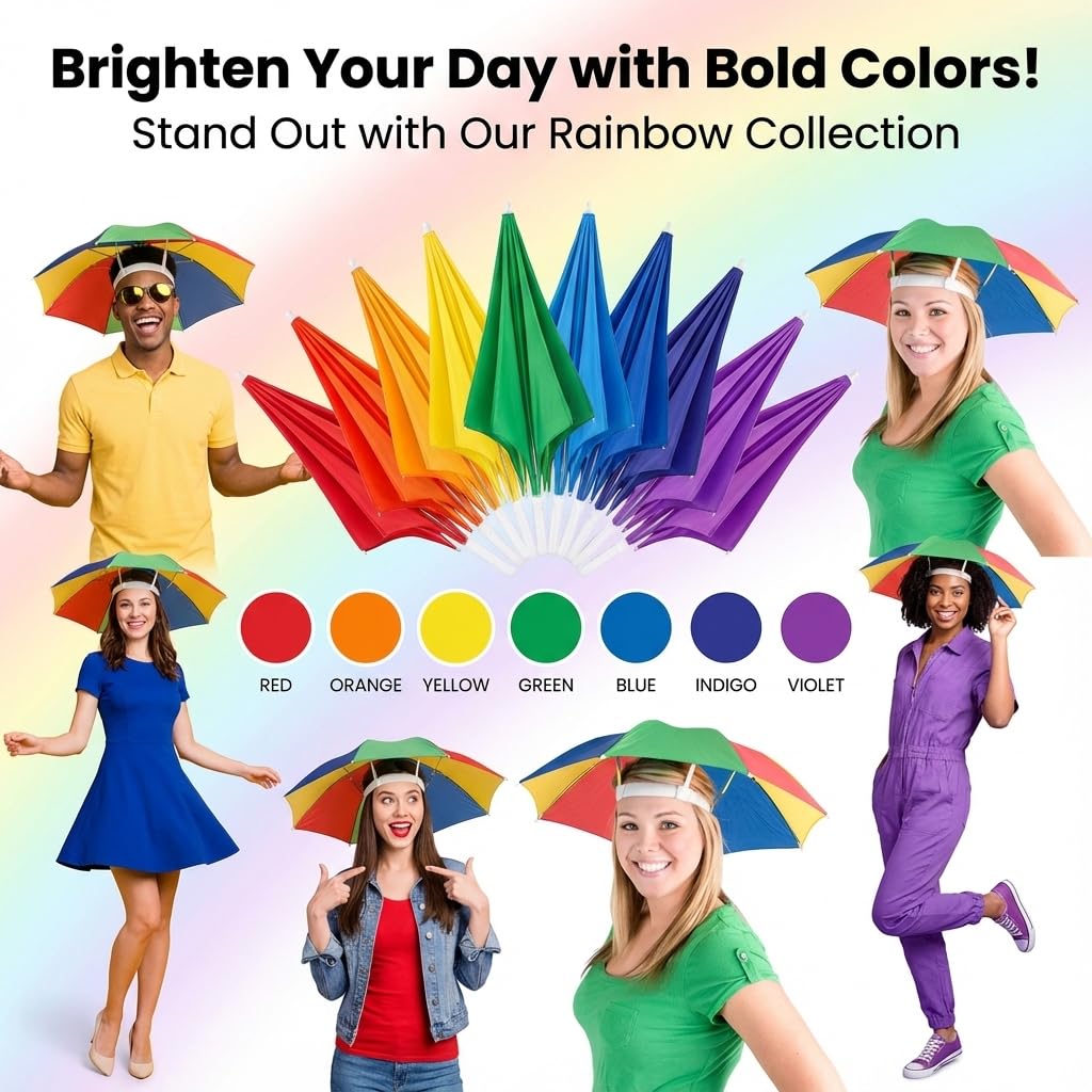 Bedwina Umbrella Hat Pack of 2 - Colorful Party Hats - 20 Inch, Hands Free, Funny Rainbow Colorful Beach Party Hats, Adjustable Size Fits All Ages, Kids, Men & Women