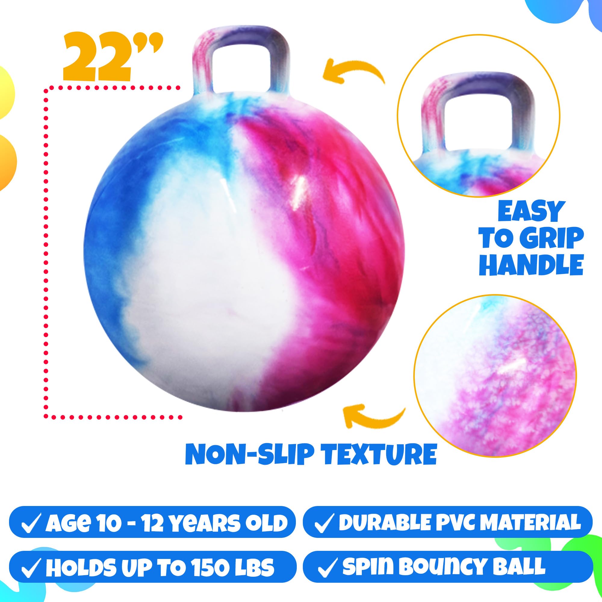 Bedwina Hopper Ball with Handle for Kids 22-inch (55cm) Bouncy Balls for Kids, Jumping Kangaroo Hippity Hop, Hopping Sit and Spin with Handle with Hand Pump, Marble Blue/Red/White