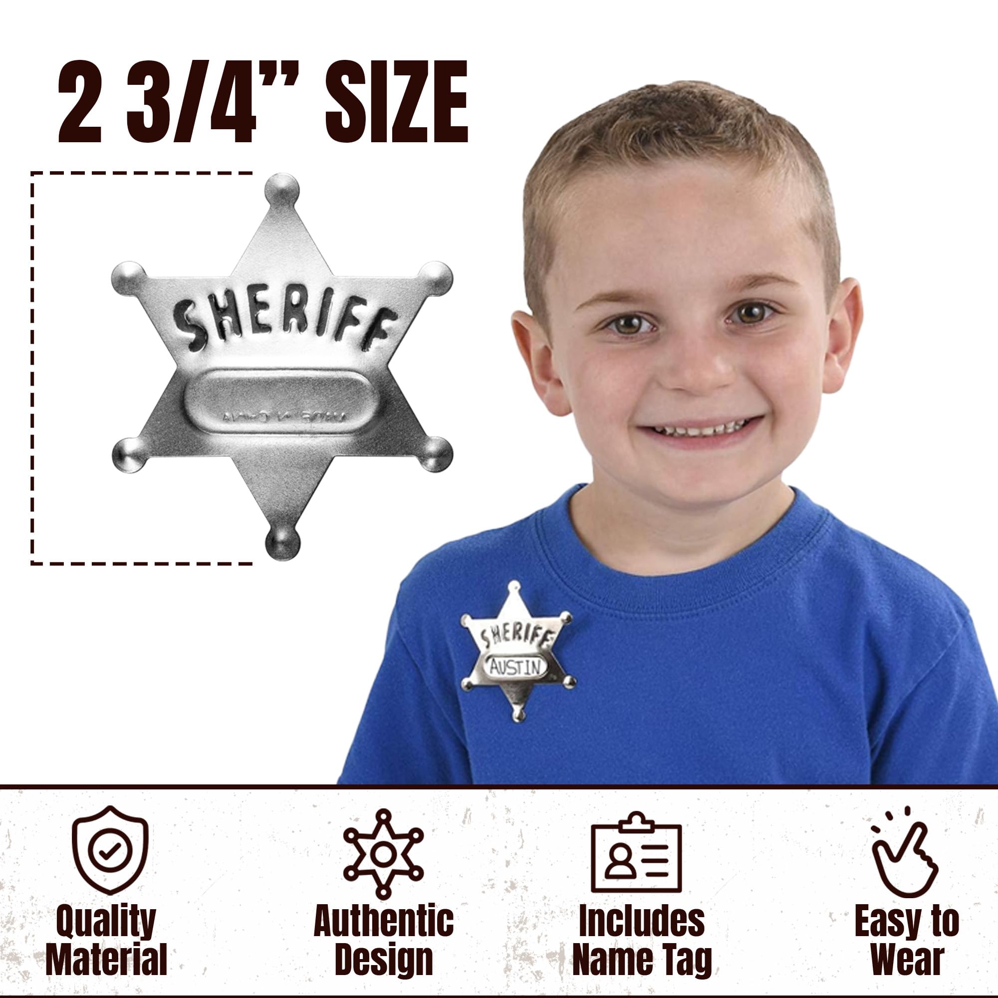 Bedwina Metal Sheriff Badges - (Pack of 24) Silver Star Name Badges with Stickers for Personalized Names, Western Cowboy Dress Up Deputy's Badge Toys for Kids Birthday Party Favors, Giveaways & More