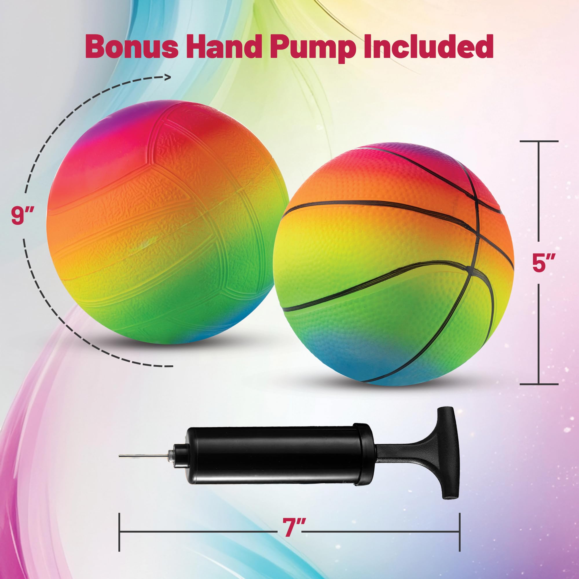 Bedwina Mini Rainbow Sports Balls - 5 Inch (Pack of 4) Inflatable Vinyl Balls for Kids and Toddlers with Hand Air Pump, Basketball, Volleyball, Soccer for Playground, Indoor and Outdoor