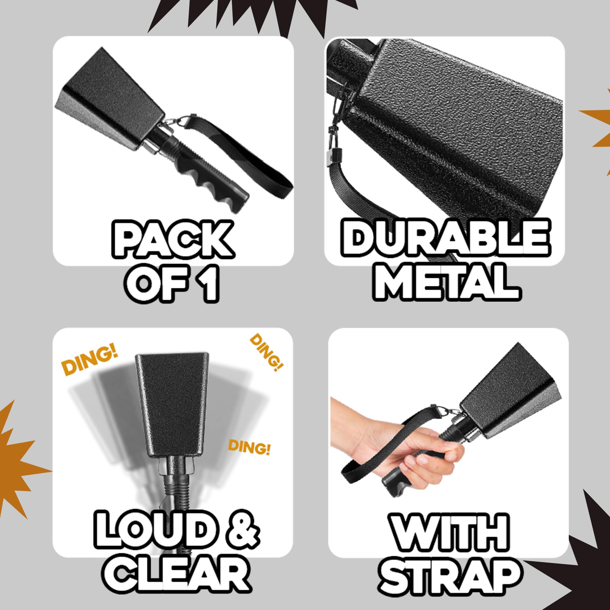 9" Metal Cowbells with Handle - Cow Bells Loud Cheering Noise Makers for Sporting Events, Football Games, School Spirit, Rallies & Celebrations - Black or Copper Percussion Music Instrument