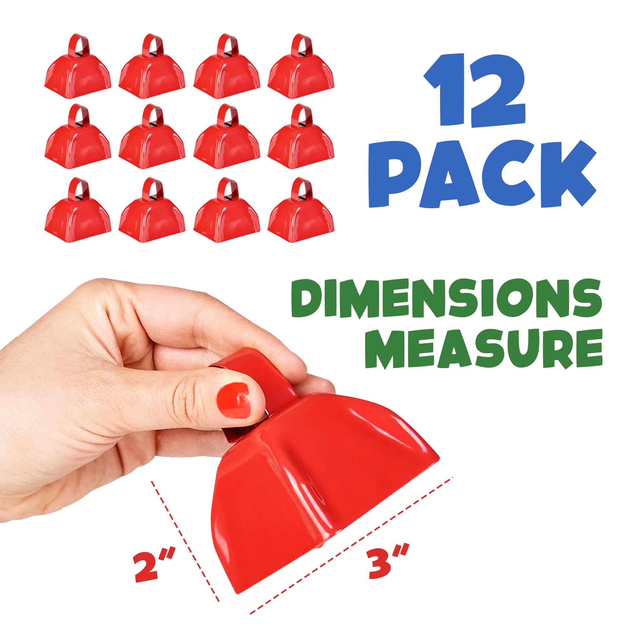 Metal Cowbells - 3 Inch Cow Bells Noise Makers, Loud Call Bell with Handles for Sporting Events, Cheering, Team Spirit, Noisemakers, Weddings, (Pack of 12)