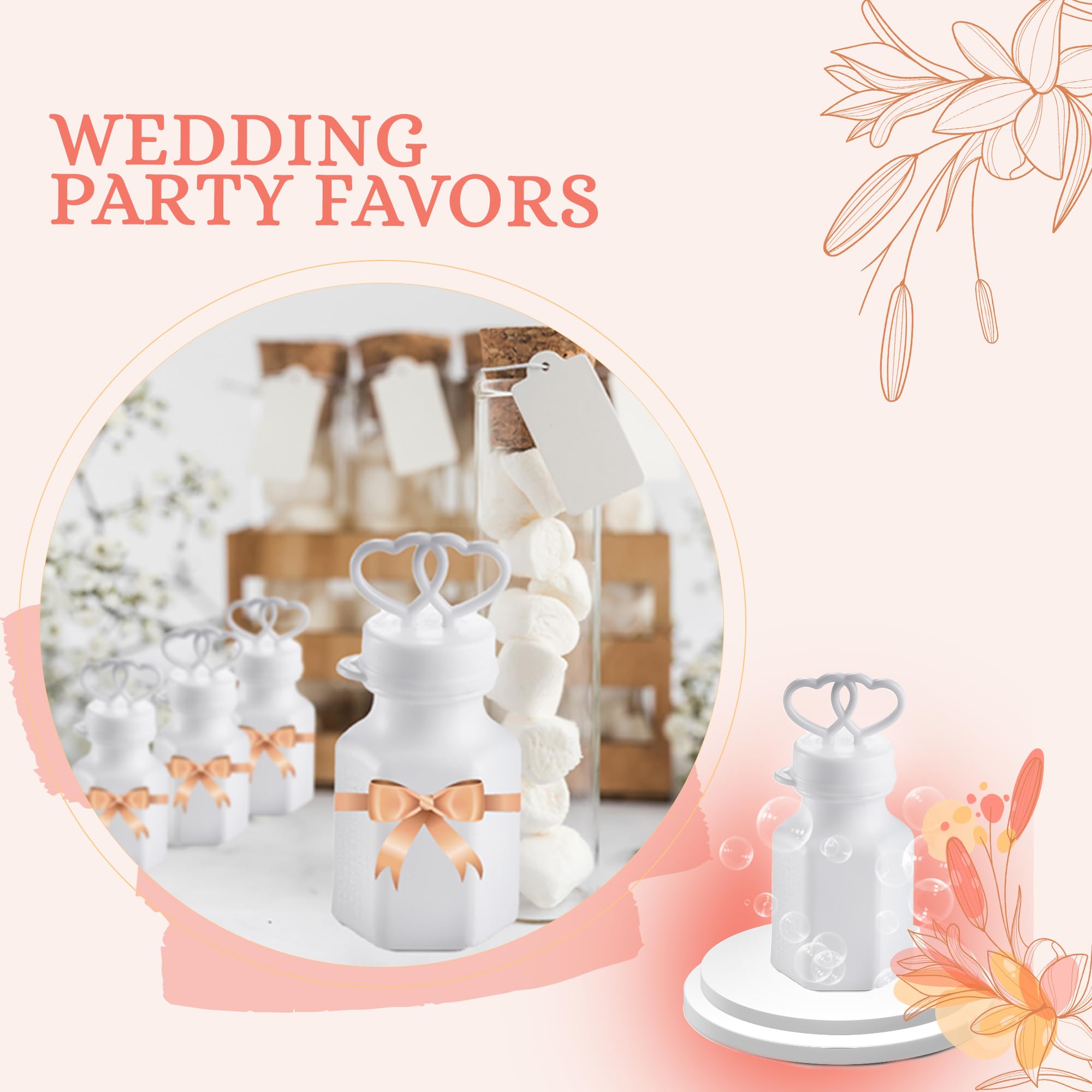Wedding Bubbles Bulk - (48 Count) Mini White Double Heart Top Wands, Great for Bridal Party Favors, Engagement, Anniversary Celebrations, Valentine Bubbles and Wedding Favors