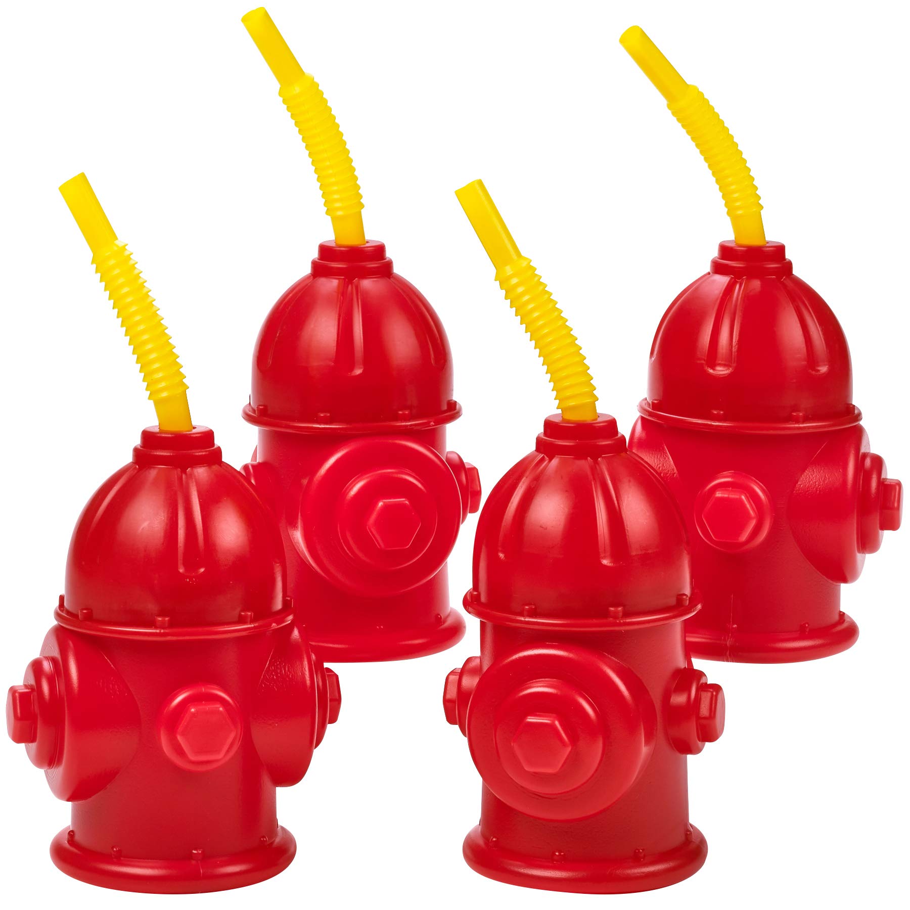 Bedwina Straw Fire Hydrant Cups with Lids - (Pack of 4) Reusable 12 oz, Red Plastic Fire Truck Party Supplies Cups and Firefighter Birthday Party Favors for Kids