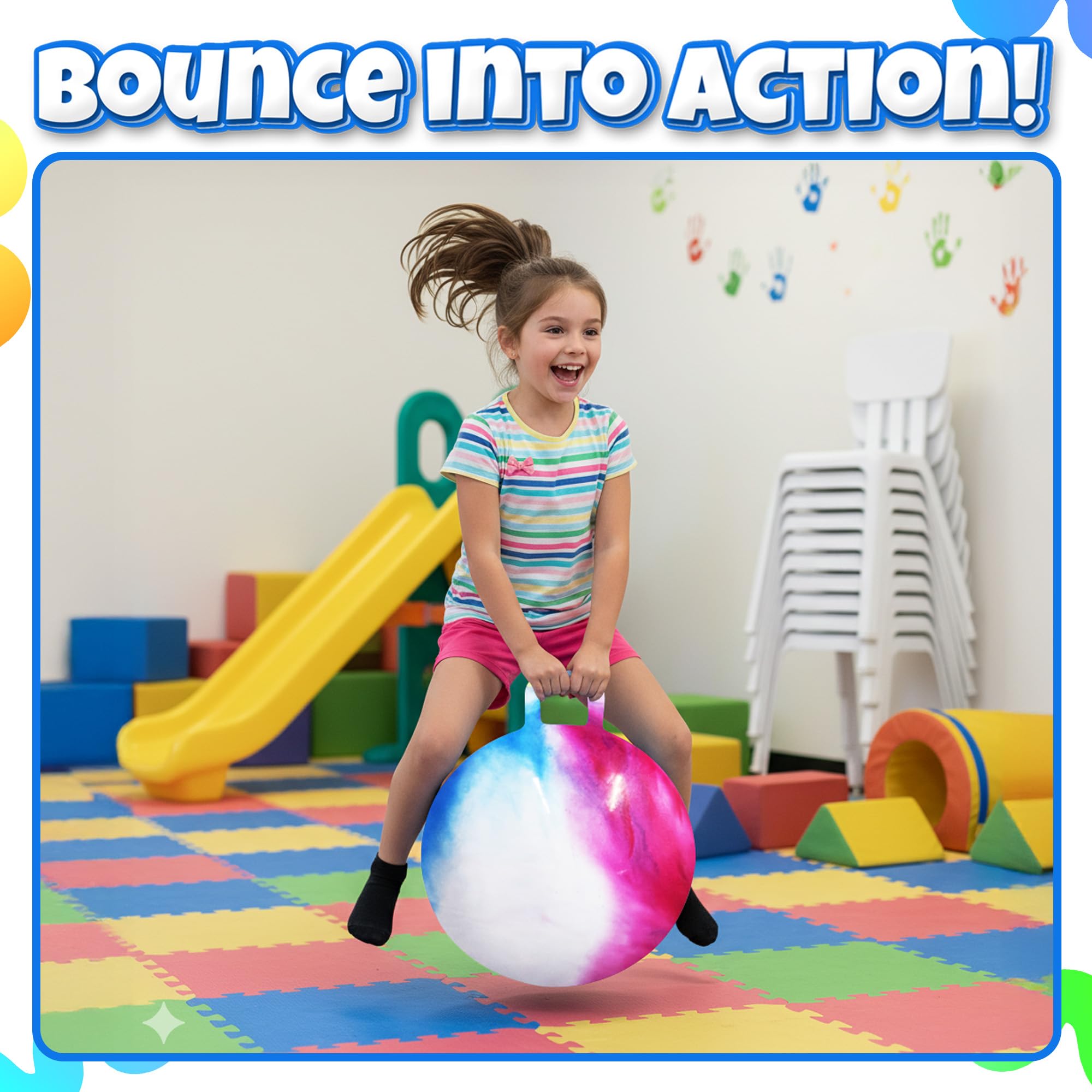 Bedwina Hopper Ball with Handle for Kids 18-inch (45cm) Bouncy Balls for Kids, Jumping Kangaroo Hippity Hop, Hopping Sit and Spin with Handle with Hand Pump, Marble Blue/Red/White