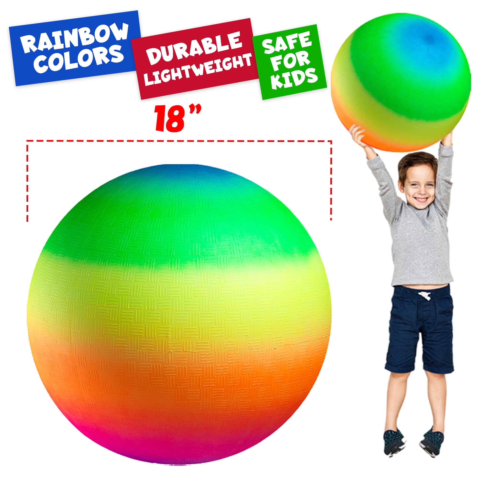 18 Inch Rubber Playground Balls for Kids - (2-Pack) Giant Large Rainbow Inflatable Bouncy Play Ball - Big Size, Kickballs, Fun for Park, Recess, Backyard, Indoor and Outdoor Games with Hand Pump