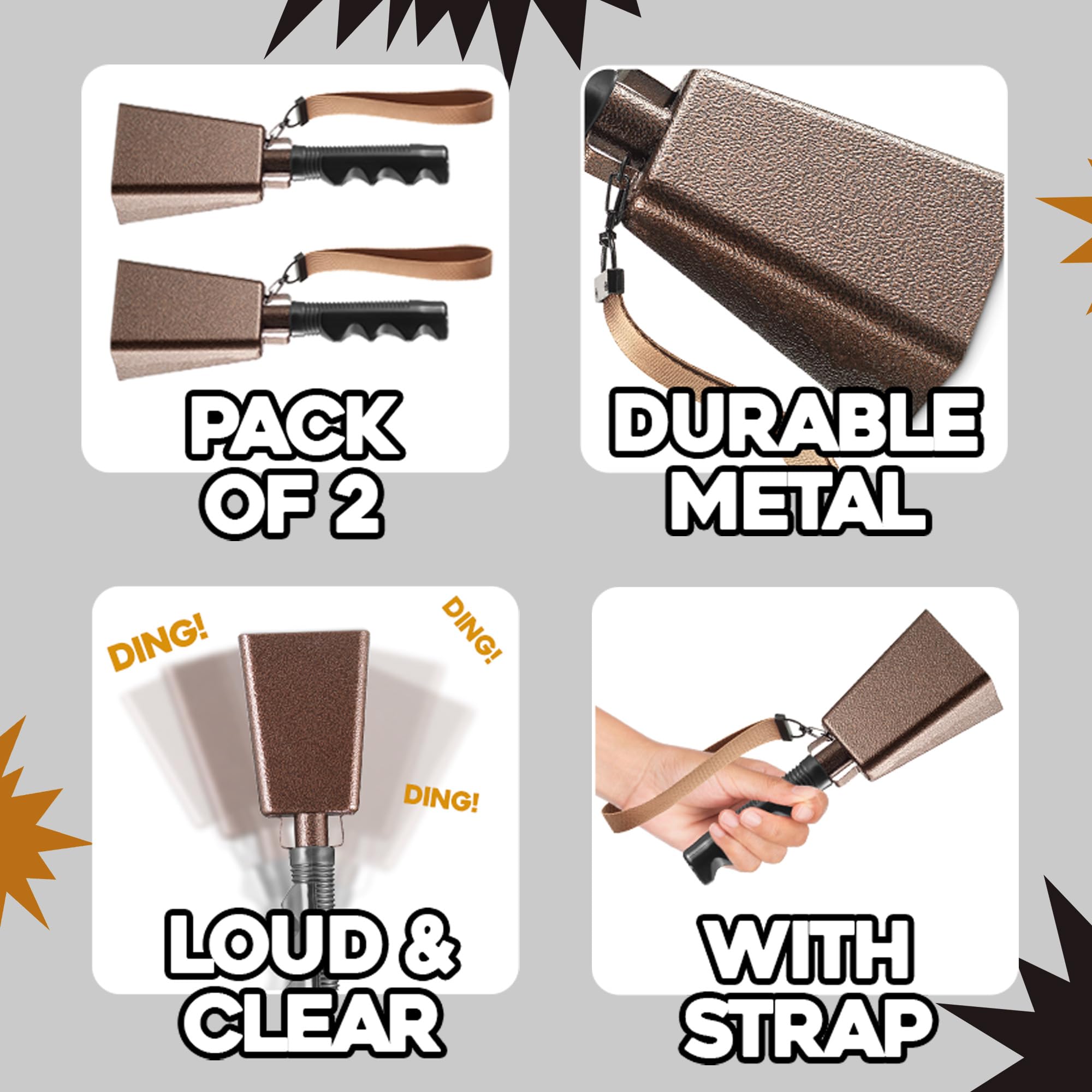 9" Metal Cowbells with Handle - Cow Bells Loud Cheering Noise Makers for Sporting Events, Football Games, School Spirit, Rallies & Celebrations - Black or Copper Percussion Music Instrument