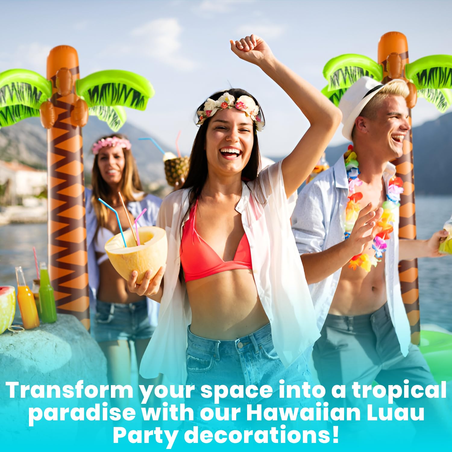 Bedwina Inflatable Palm Tree with Hand Pump - Pack of 2 Large 5.5 Ft Blow Up Palm Tree Decorations for Luau Party Decorations, Hawaiian Party, Tropical Birthday Party Decorations