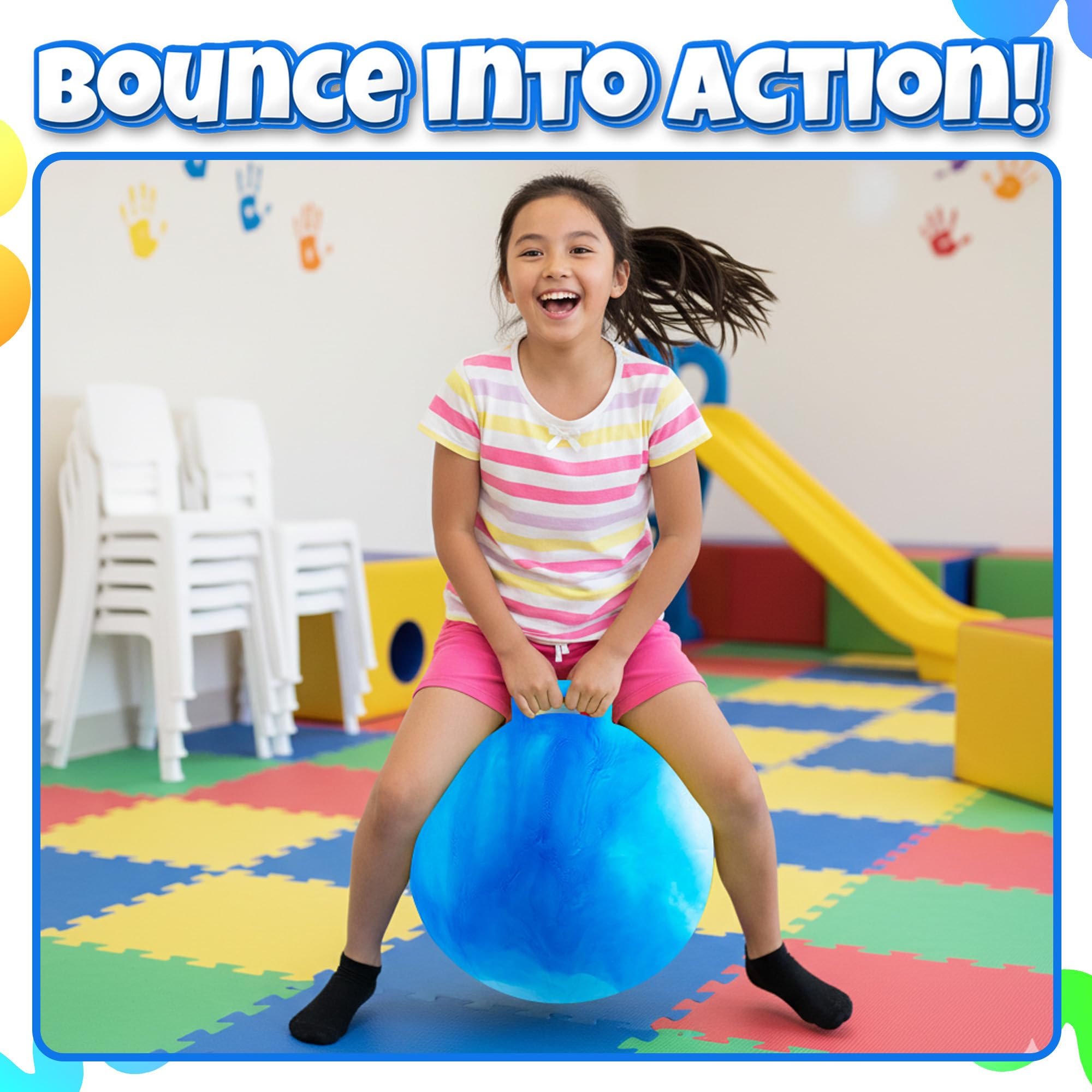 Bedwina Hopper Ball with Handle for Kids 22-inch (55cm) Bouncy Balls for Kids, Jumping Kangaroo Hippity Hop, Hopping Sit and Spin with Handle with Hand Pump, Marble Blue & White