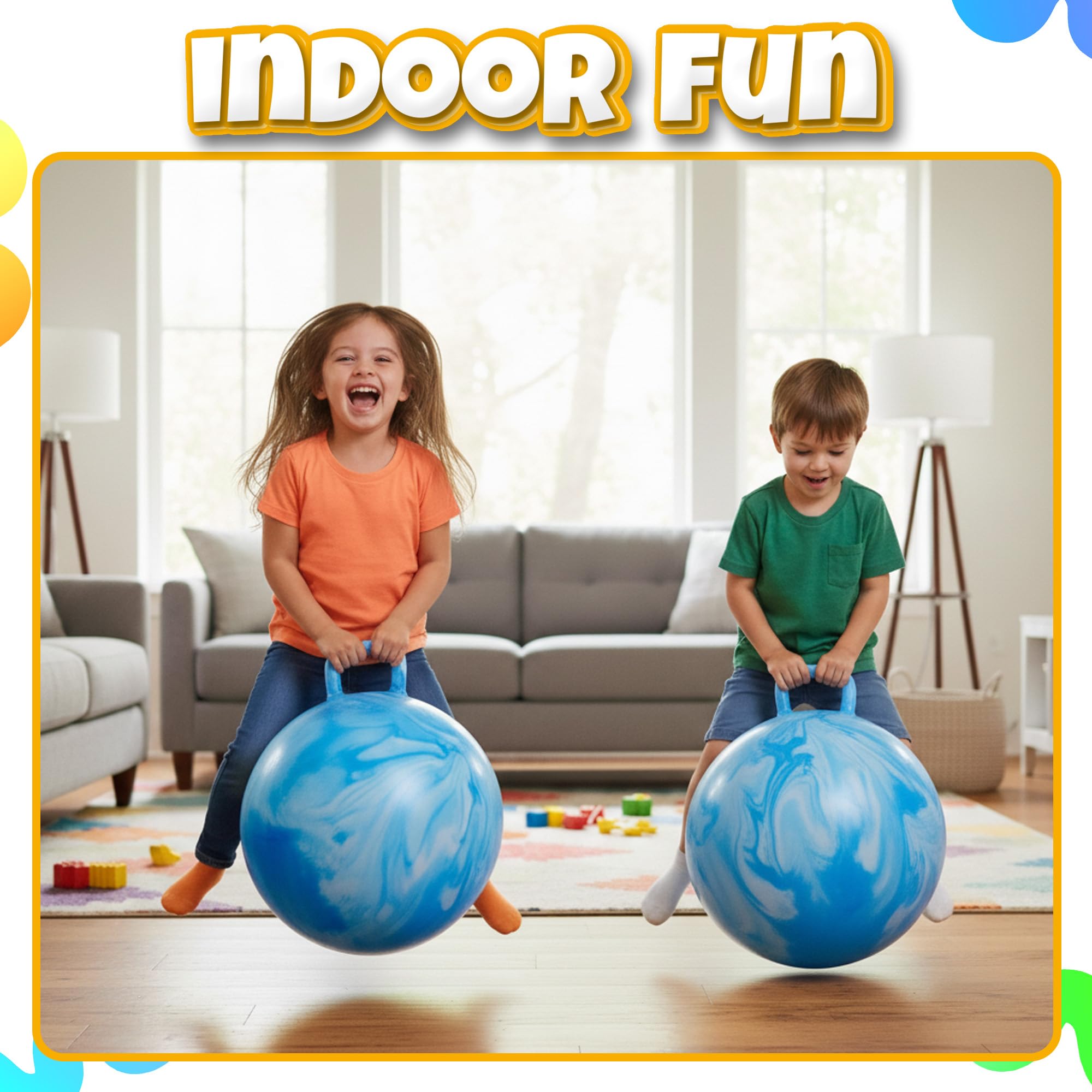 Bedwina Hopper Ball with Handle for Kids 18-inch (45cm) Bouncy Balls for Kids, Jumping Kangaroo Hippity Hop, Hopping Sit and Spin with Handle with Hand Pump, Marble Blue & White