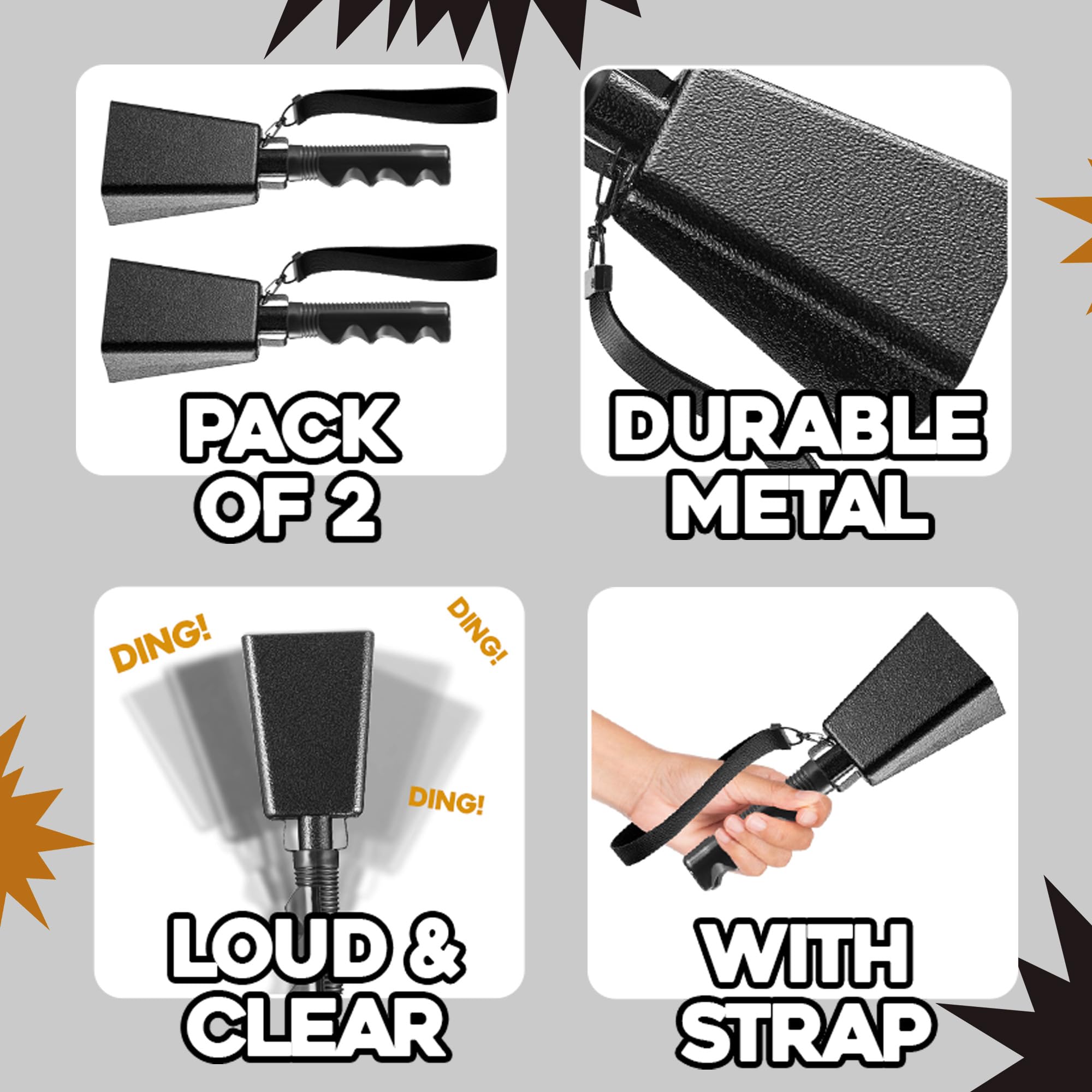 9" Metal Cowbells with Handle - Cow Bells Loud Cheering Noise Makers for Sporting Events, Football Games, School Spirit, Rallies & Celebrations - Black or Copper Percussion Music Instrument