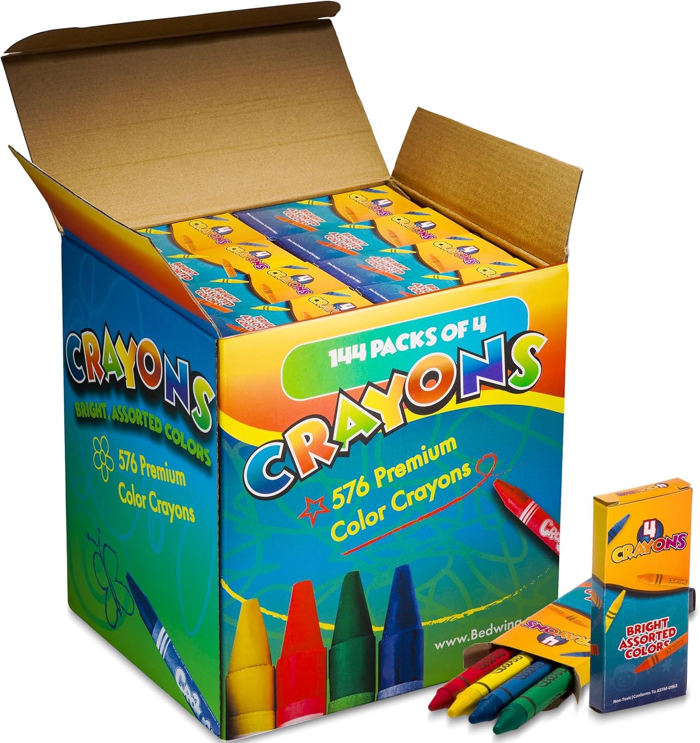 Bedwina Bulk Crayons - 576 Crayons - Case of 144 4-Packs, Premium Colors Bulk School Supplies for Kids and Toddlers Non-Toxic for Party Favors, Restaurants, Goody Bags, Stocking Stuffers
