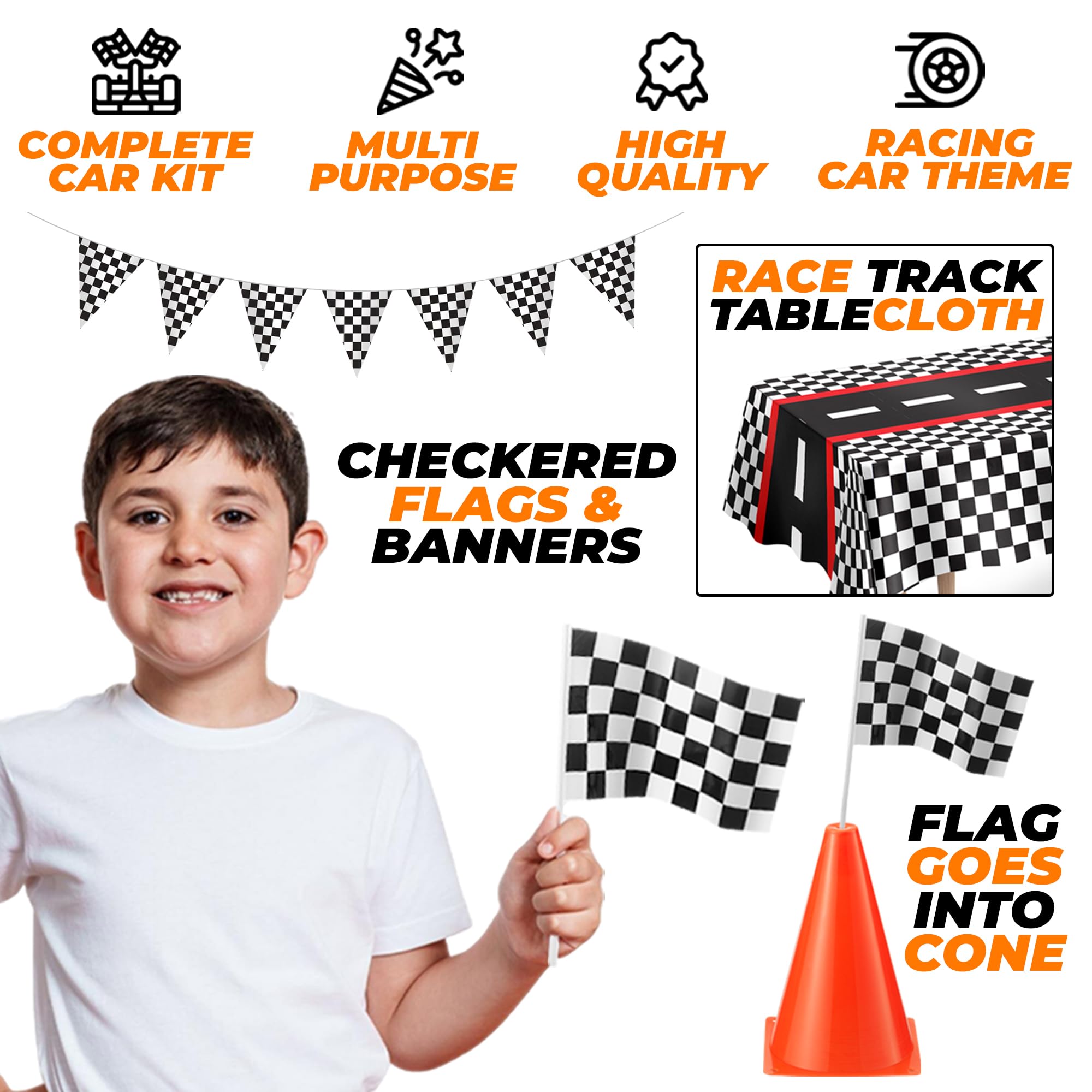Racing Cars Birthday Decorations - Racecar Centerpiece Decoration Kit for Kids - (12) Orange Traffic Cones, (24) Checkered Flags, Plastic Tablecloth (54"x108") Birthday Banner Race Car Theme (38pcs)