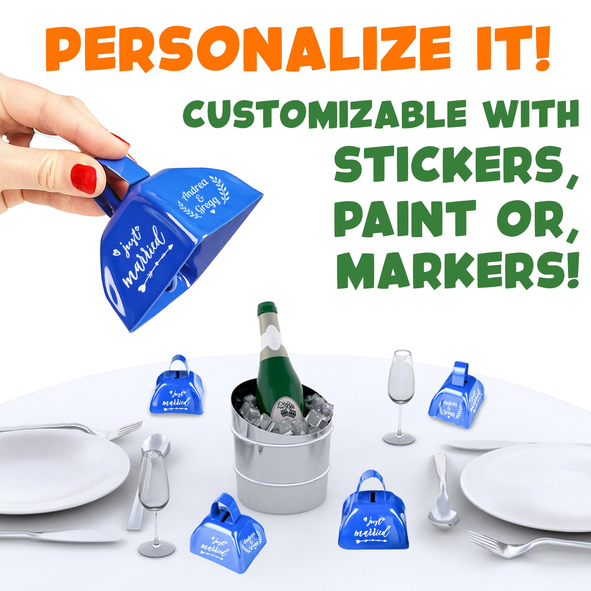 Metal Cowbells - 3 Inch Cow Bells Noise Makers, Loud Call Bell with Handles for Sporting Events, Cheering, Team Spirit, Noisemakers, Weddings, (Pack of 12)