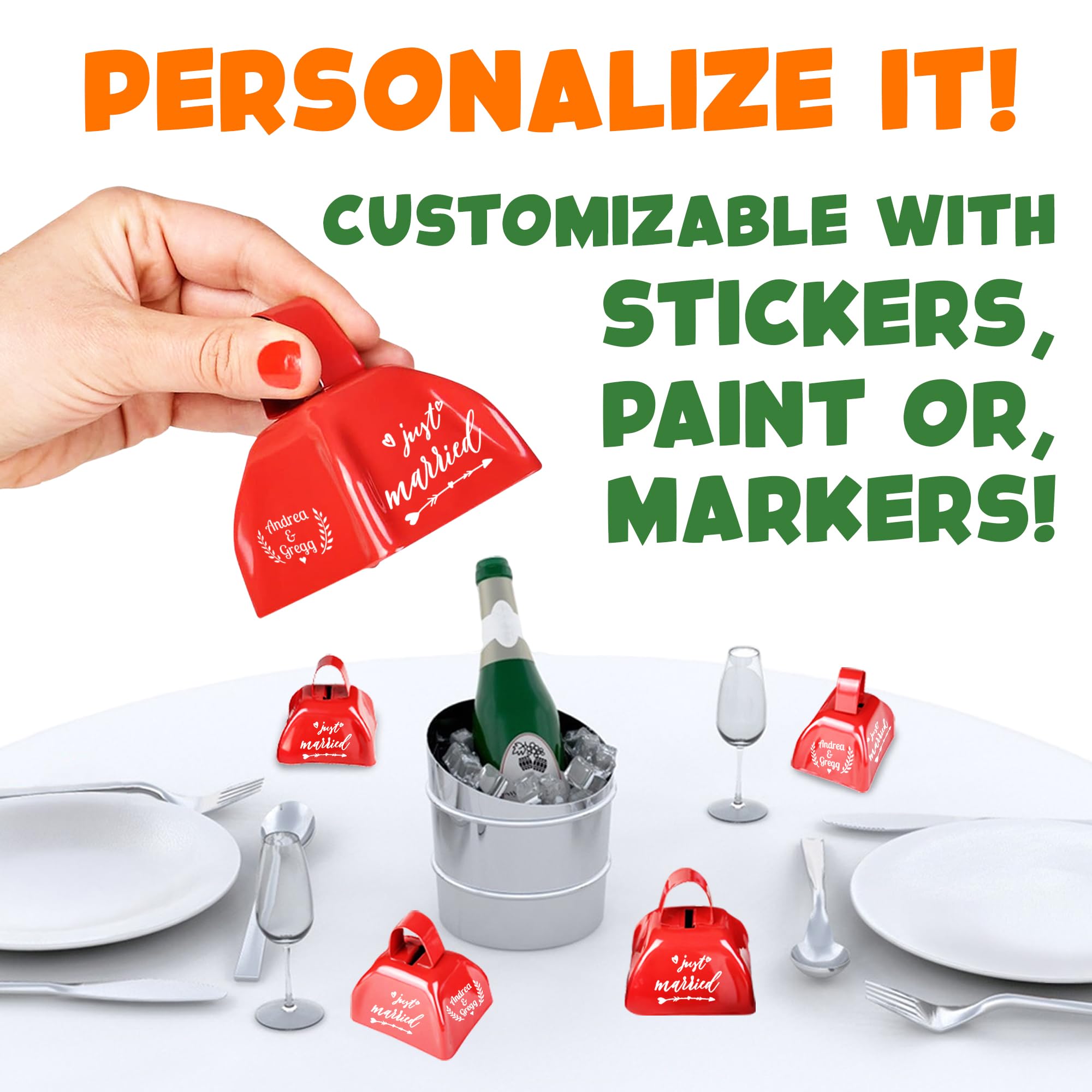 Metal Cowbells - 3 Inch Cow Bells Noise Makers, Loud Call Bell with Handles for Sporting Events, Cheering, Team Spirit, Noisemakers, Weddings, (Pack of 12)