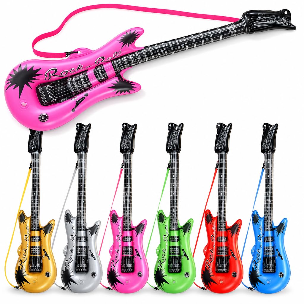 Bedwina Inflatable Guitars - (pack Of 6) 36-inch Colorful Blow Up Guitar With Strap, Party Favors, DJ-props, Photo-booth, Birthdays, Rock Star, Rock And Roll Party Decorations, 80s 90s Party Supplies