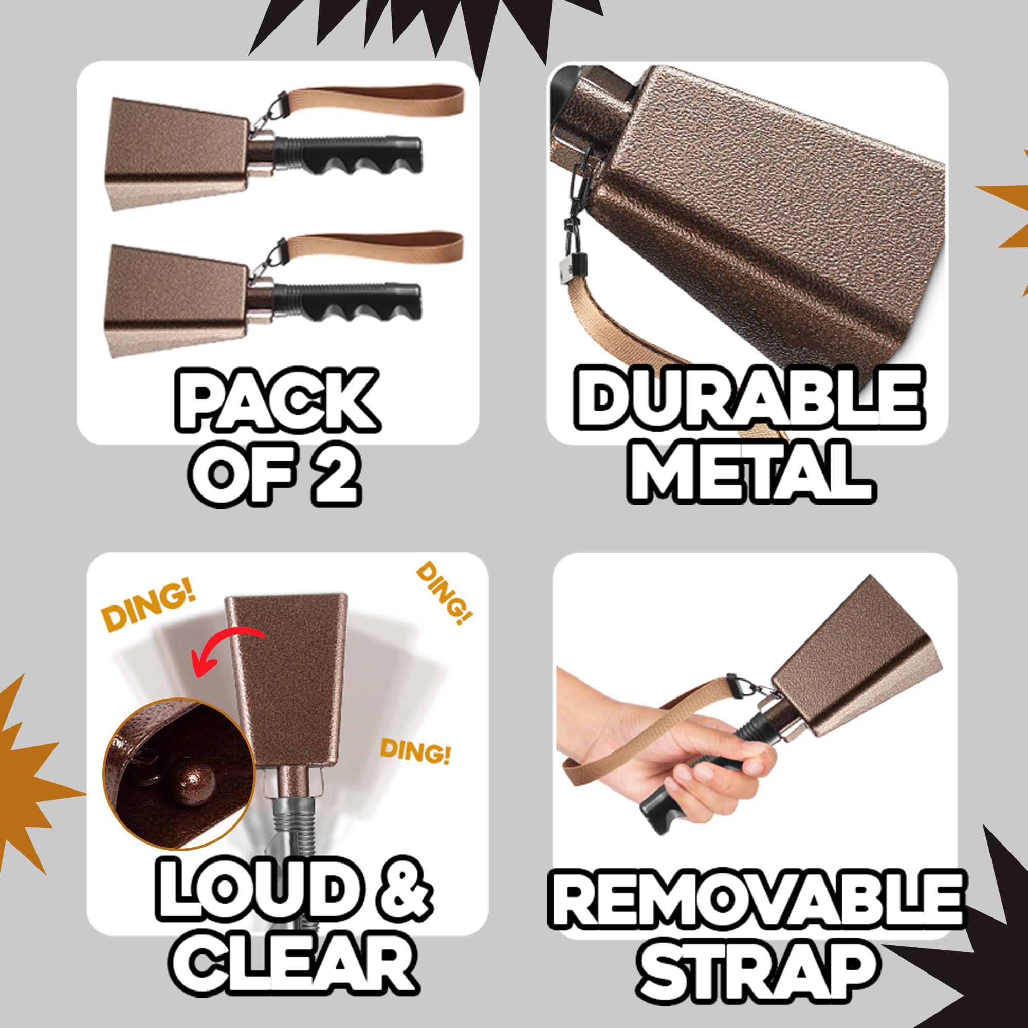 9" Metal Cowbells with Handle - (2 Pack) Cow Bells Loud Cheering Noise Makers for Sporting Events, Football Games, School Spirit, Rallies & Celebrations - Copper Steel Percussion Music Instrument