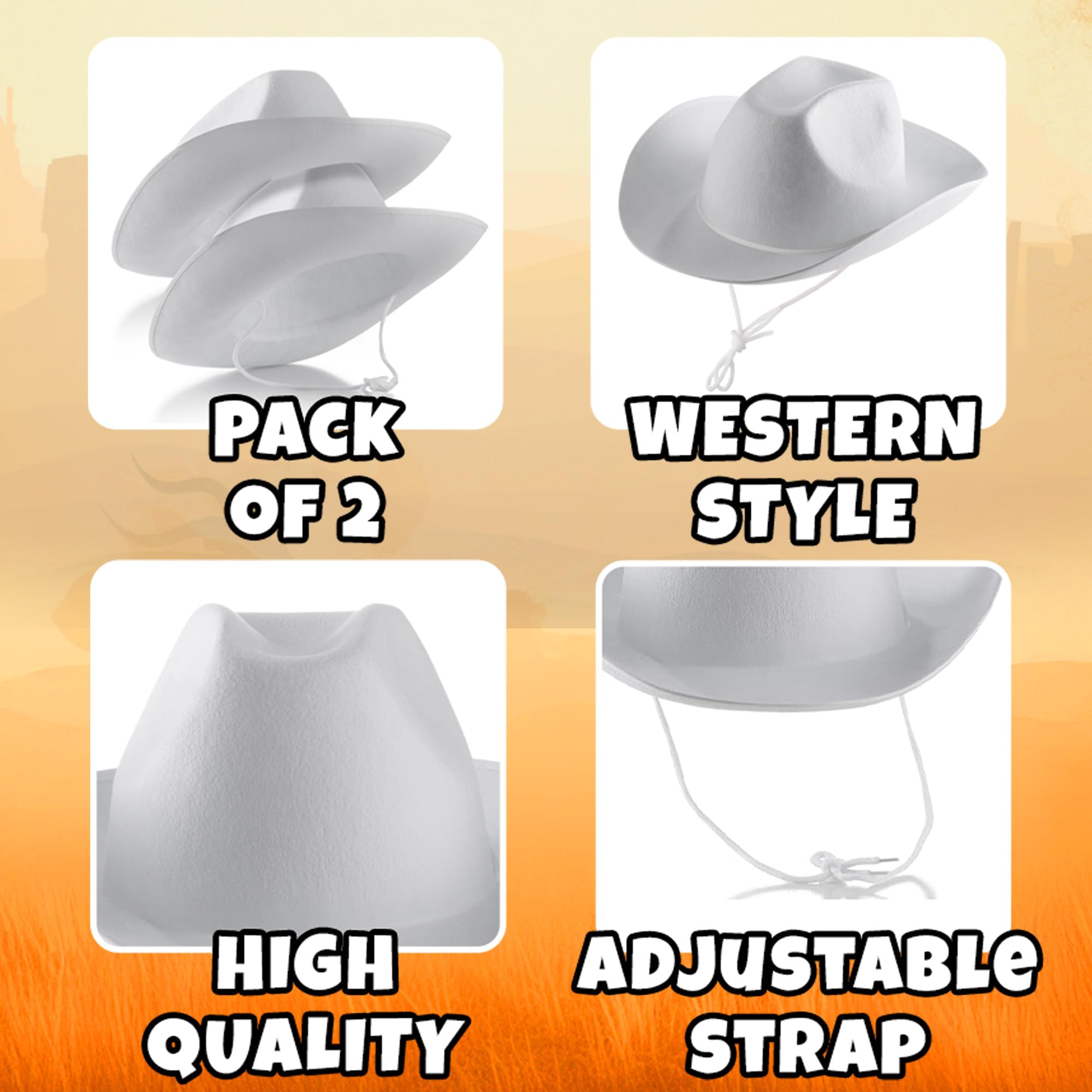 Bedwina White Cowboy Hats for Adults & Teens - (2 Pack) Felt Western Cowgirl & Cowboy Hats with Adjustable Chin Strap - Costume Accessory for Dress-Up, Rodeo, Party, Play, Festivals, Girls & Boys
